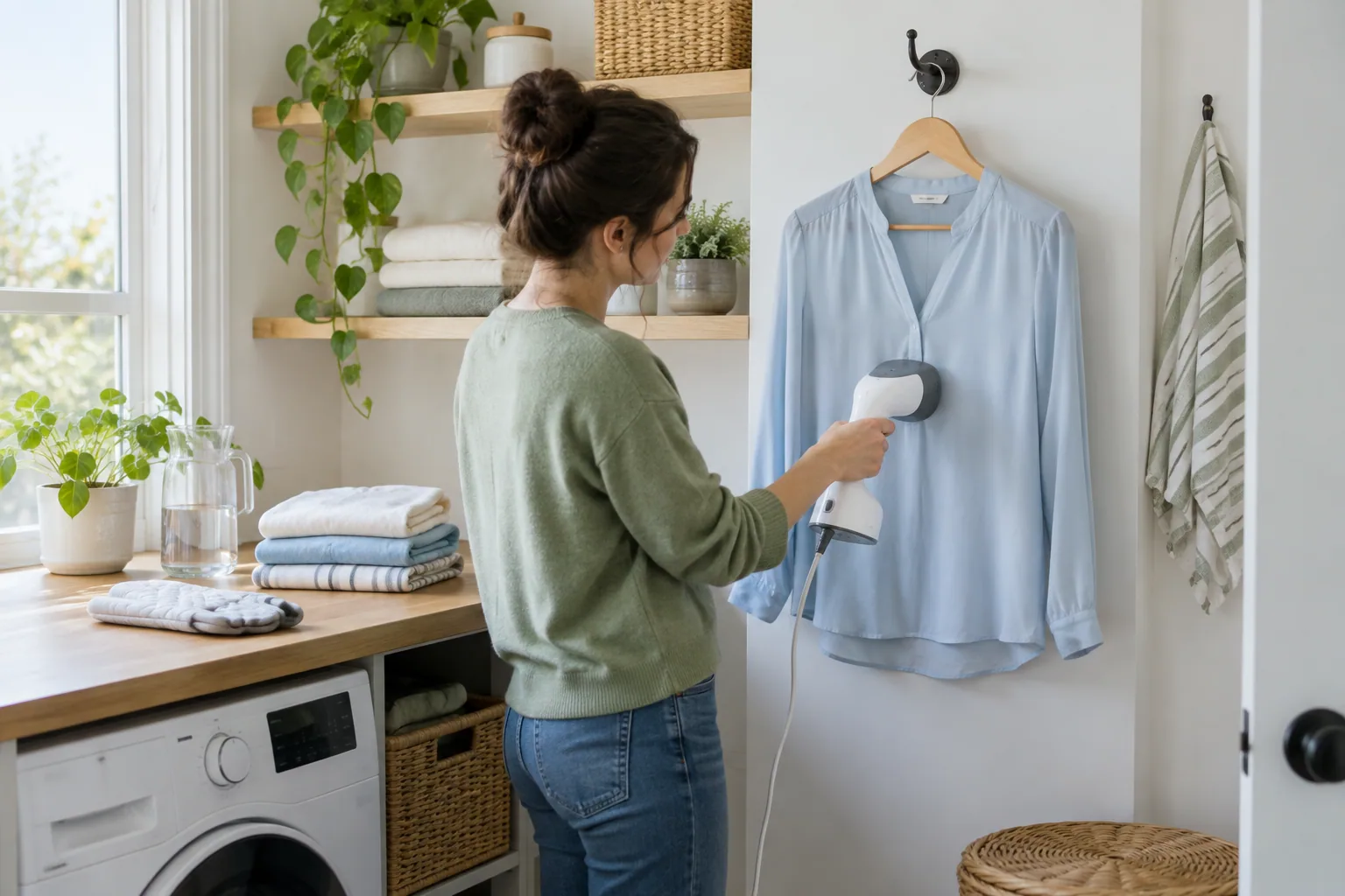 A woman using a handheld garment steamer in a small laundry corner