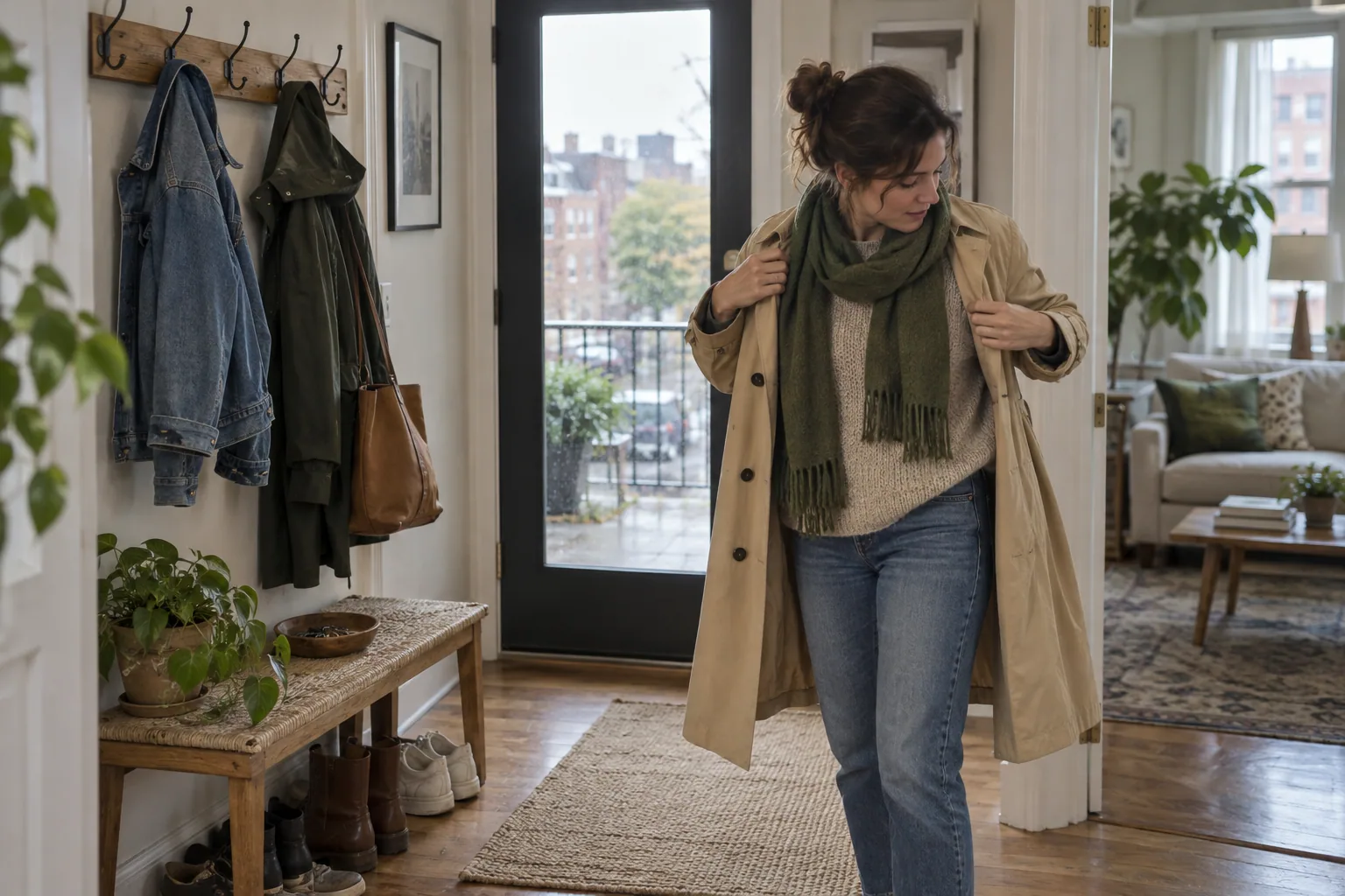 A woman layering a trench over a knit beside an apartment entryway