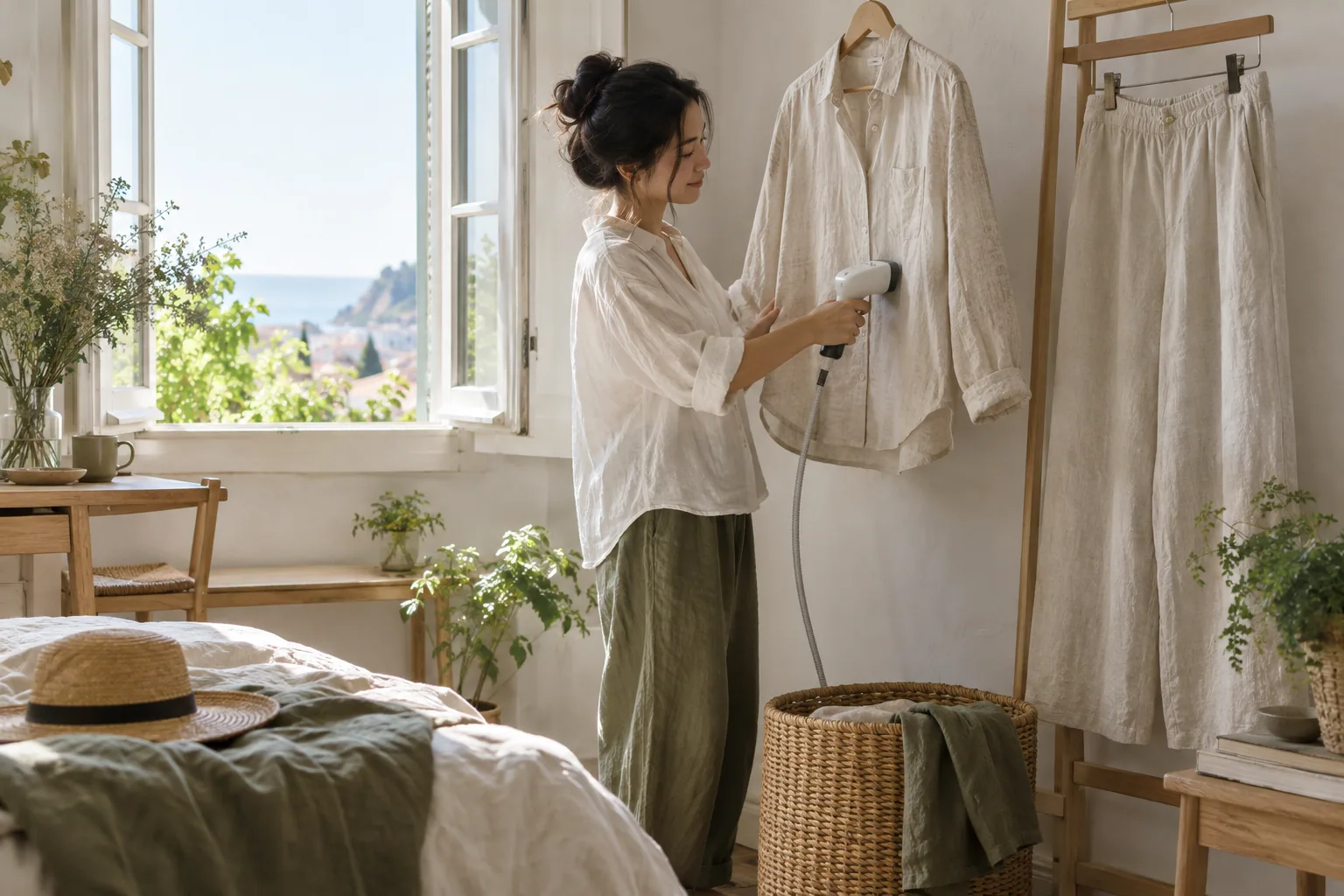 A woman steaming a linen shirt beside an open summer window