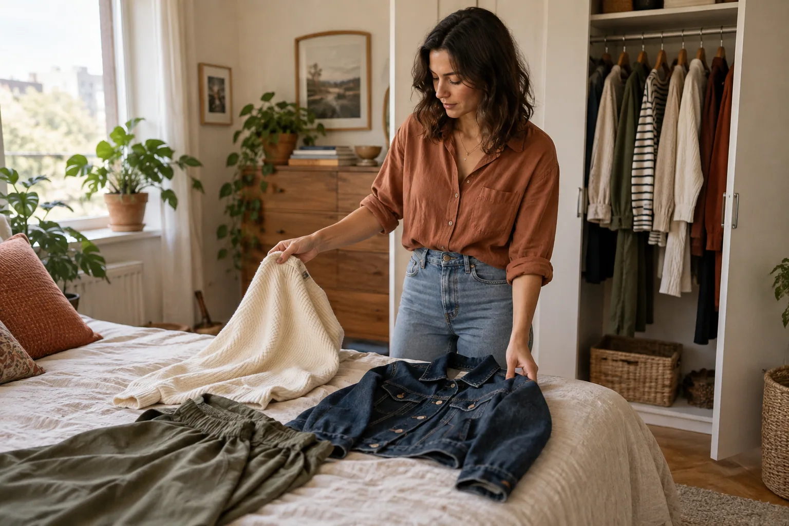A woman building a weekend capsule wardrobe in a warm apartment bedroom