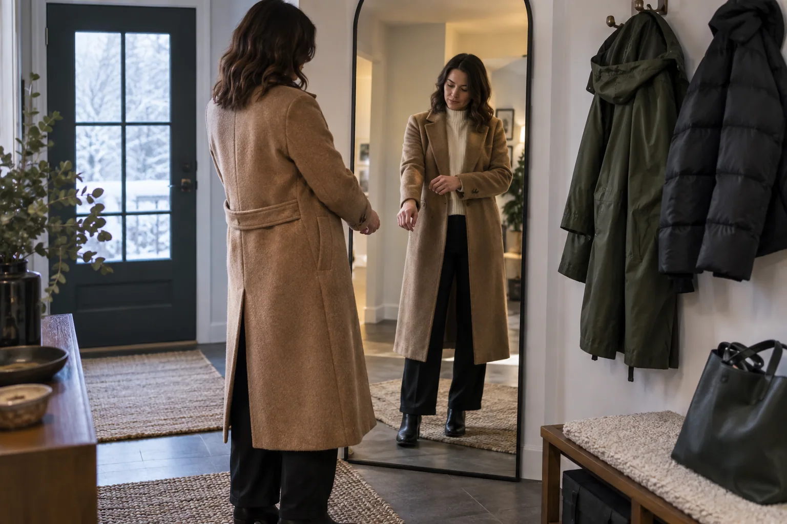 A woman checking the fit of a long wool coat over a sweater in a hallway mirror