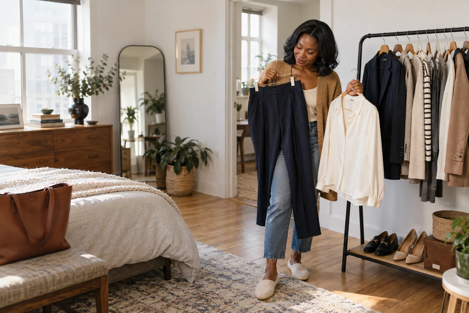 A woman pairing navy trousers and an ivory blouse beside a garment rack