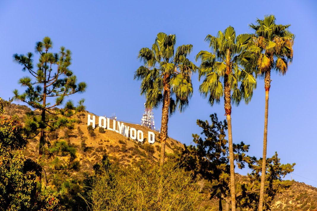 The hollywood sign stands tall amidst palm trees.